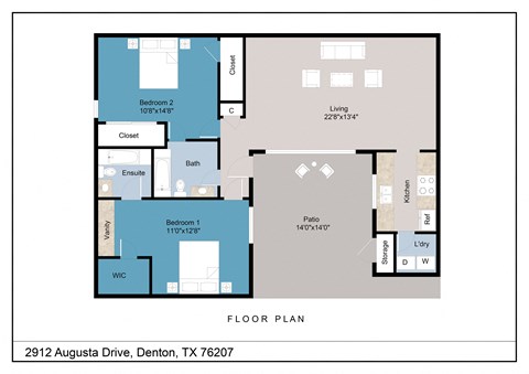 Floor plan for 2 beds, 2 baths, 1100 sqft